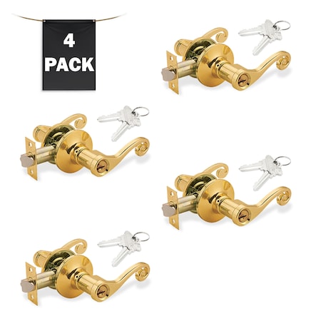 Premier Lock Decorative Entry Door Lever Lock Set Set of 4, Keyed Alike, Polished Brass, 4PK LEV05X-4